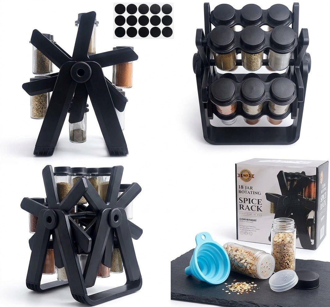 360° Rotating Spice Rack with 18 Glass Jars
